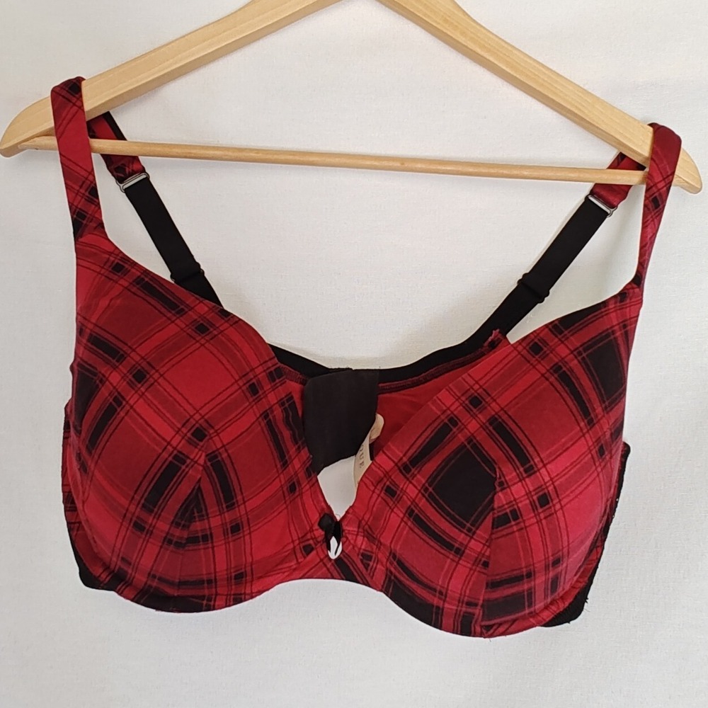 Cacique Bra Lace Uplift‎ Plunge Bra 40DDD Red Black Plaid Lace